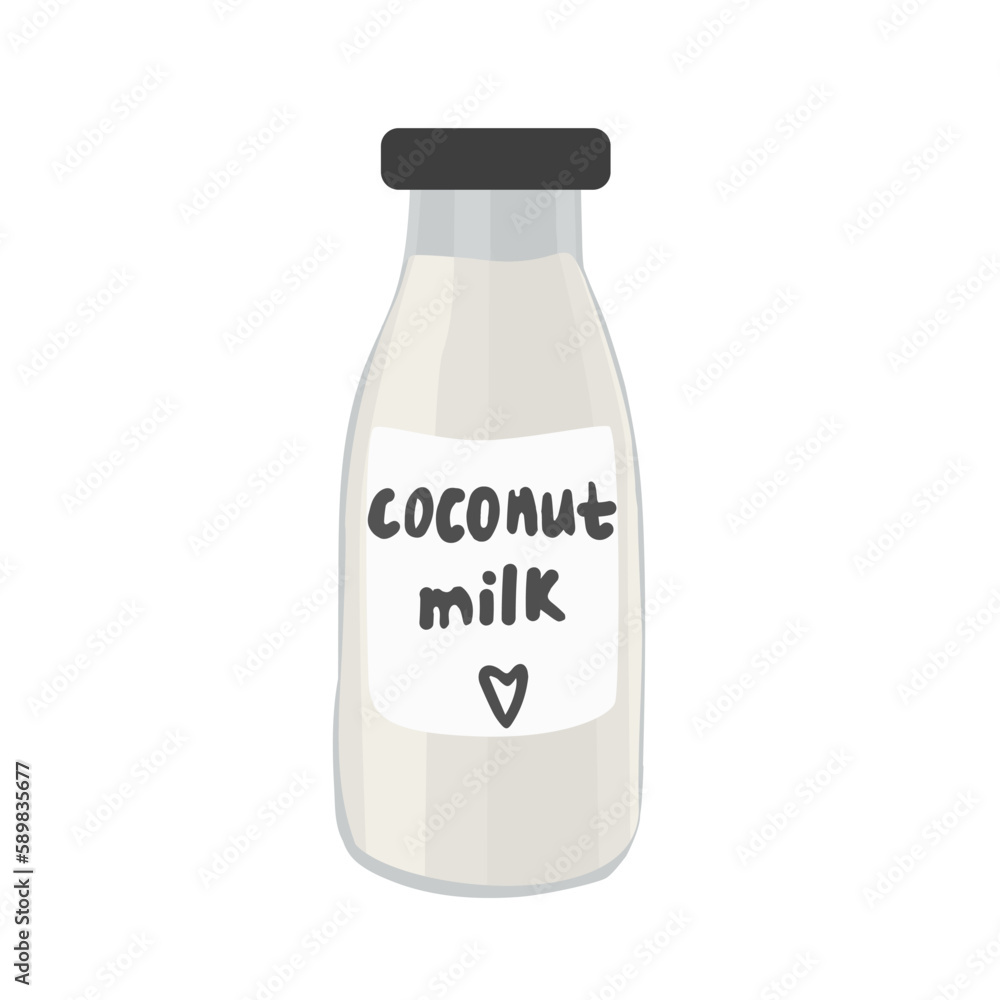 A vector bottle with coconut milk on a white background is isolated. Dairy free A vector bottle with coconut milk on a white background is isolated. Dairy free