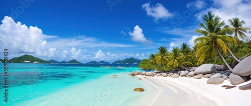 Fotografiet Paradise beach of a tropical island, palm trees, white sand, azure water