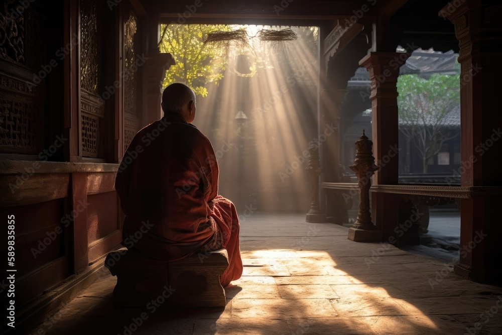 Buddhist Monk in Temple during Sunrise