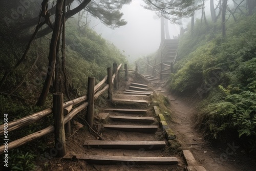 A Wooden Path  Natural Forest Environment - Foggy View