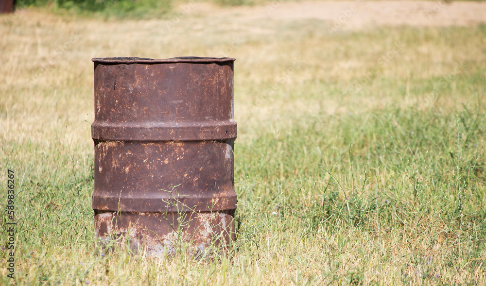 Obraz premium rusty garbage container on grass or meadow. copy space for text. focus on the garbage