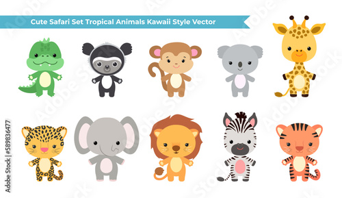 Cute safari set tropical animals kawaii style vector illustration. Cartoon tropical animals leopard, cheetah, giraffe, koala, elephant, lion, tiger, crocodile, zebra, monkey, indri, jaguar, lemur.