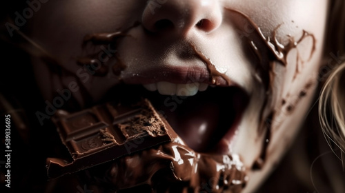 woman biting chocolate. extreme close up