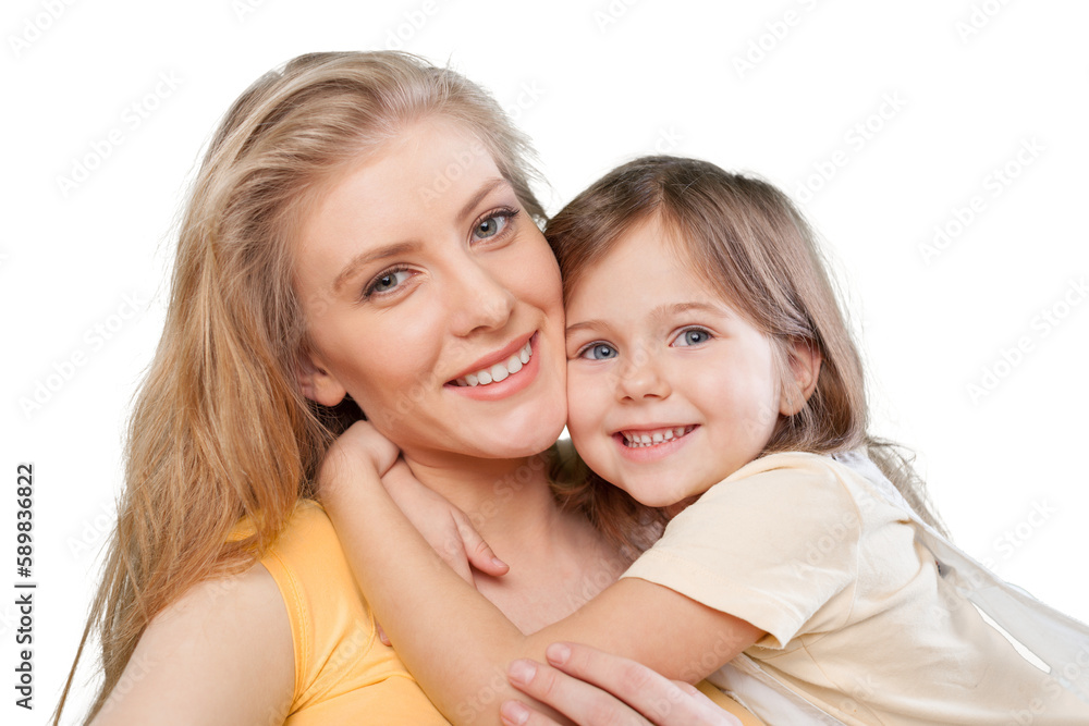 Happy mother and young daughter hugging each other