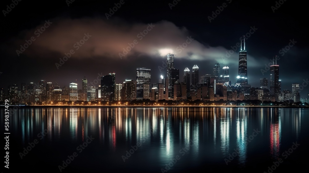 The view of city, megapolis skyline from across Lake Michigan in the evening, AI generative