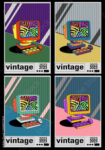 Set Retro posters with computer aesthetic. PC with monitor keyboard and mouse in retro style. Vaporwave vintage style aesthetics posters. Nostalgia 90's sticker with retro pc. Used as cool print