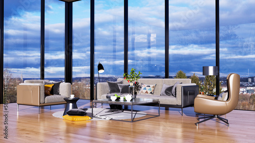 Large luxury modern bright interiors Living room mockup illustration 3D rendering computer digitally generated image