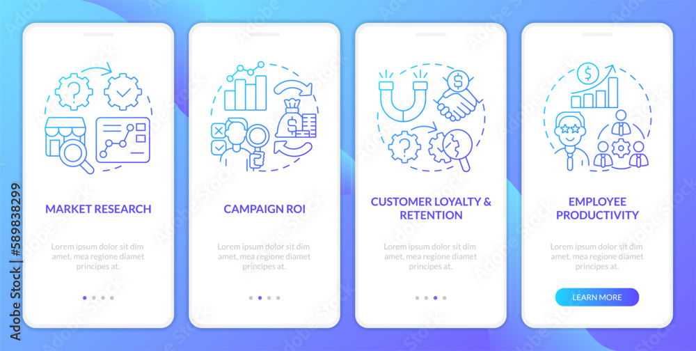 Causal research examples blue gradient onboarding mobile app screen. Walkthrough 4 steps graphic instructions with linear concepts. UI, UX, GUI template. Myriad Pro-Bold, Regular fonts used