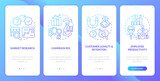 Causal research examples blue gradient onboarding mobile app screen. Walkthrough 4 steps graphic instructions with linear concepts. UI, UX, GUI template. Myriad Pro-Bold, Regular fonts used