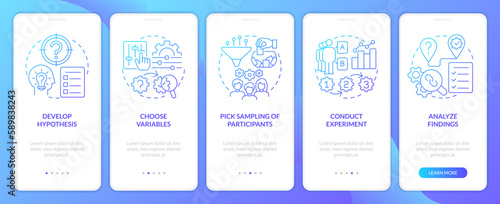 How to conduct causal research blue gradient onboarding mobile app screen. Walkthrough 5 steps graphic instructions with linear concepts. UI, UX, GUI template. Myriad Pro-Bold, Regular fonts used