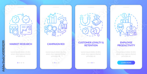 Causal research examples blue gradient onboarding mobile app screen. Walkthrough 4 steps graphic instructions with linear concepts. UI, UX, GUI template. Myriad Pro-Bold, Regular fonts used