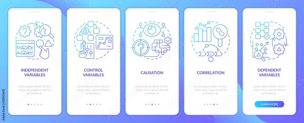 Causal research variables blue gradient onboarding mobile app screen. Walkthrough 5 steps graphic instructions with linear concepts. UI, UX, GUI template. Myriad Pro-Bold, Regular fonts used