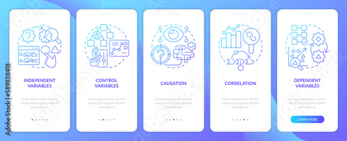 Causal research variables blue gradient onboarding mobile app screen. Walkthrough 5 steps graphic instructions with linear concepts. UI, UX, GUI template. Myriad Pro-Bold, Regular fonts used