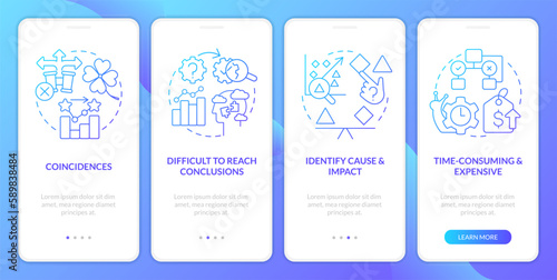 Causal research disadvantages blue gradient onboarding mobile app screen. Walkthrough 5 steps graphic instructions with linear concepts. UI, UX, GUI template. Myriad Pro-Bold, Regular fonts used