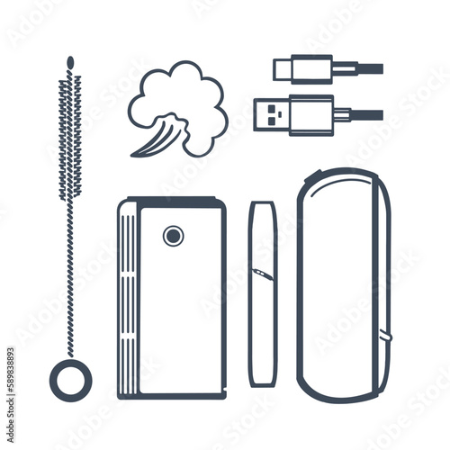 Electronic cigarettes, tobacco heaters and accessories. Vape shop icons. Isolated on a light background. Vector.