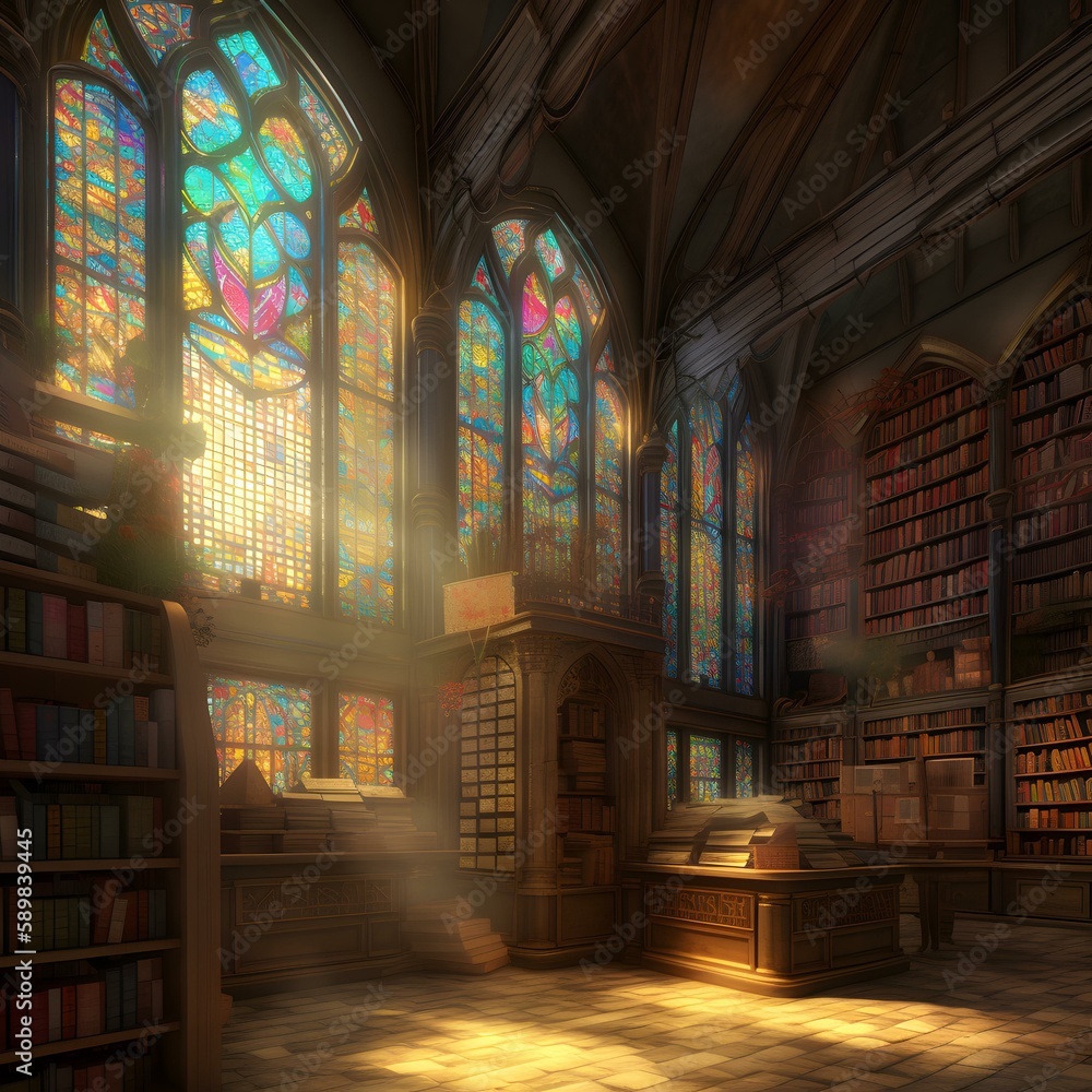 a bright library with lots of books and sun shining through