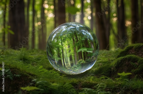 Earth Day April 22, beautiful reflections and magnified distorted leaves and trees in crystal glass ball in magnificent forest, AI generative image