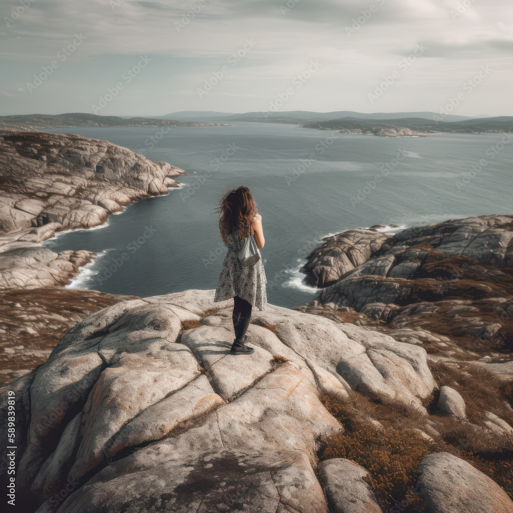 Nordic Explorer's Gaze: A Woman with a Camera in Vibrant Norwegian Coastal Scenery, Generative AI