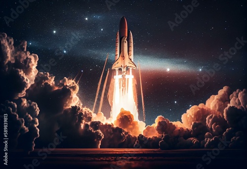 A spaceship takes off into the night sky  embarking on a journey to a distant planet. Rocket launch concept. Generative AI