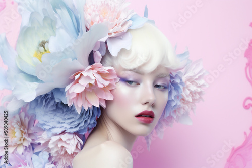 woman peony beauty fashion pink art spring flower bouquet portrait summer. Generative AI.