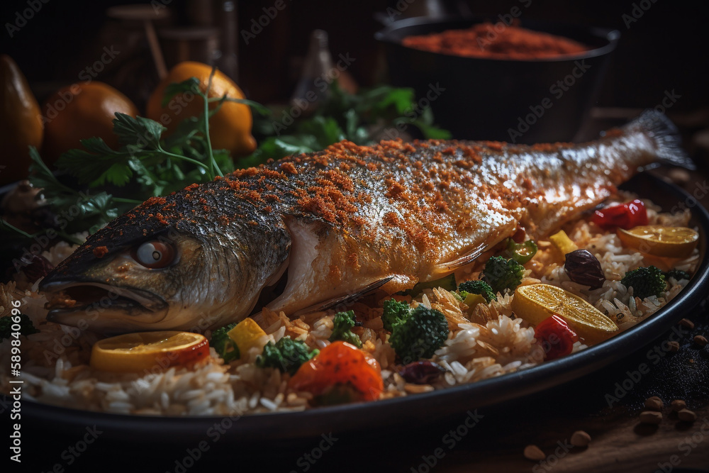 Baked fish with rice and vegetables, generative ai - obrazy, fototapety, plakaty 
