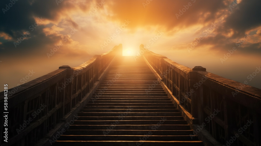 Obraz premium ascending stairs to the sun. God is great. bright heavenly light background religion wonderful sky the dawn sky born light solar flare up Generated AI