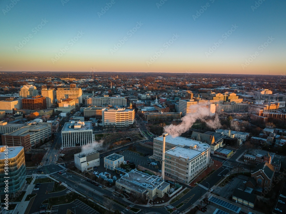 Aerial of the cityscape of Trenton with its residential buildings and highways in New Jersey at dawn