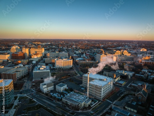 Aerial of the cityscape of Trenton with its residential buildings and highways in New Jersey at dawn