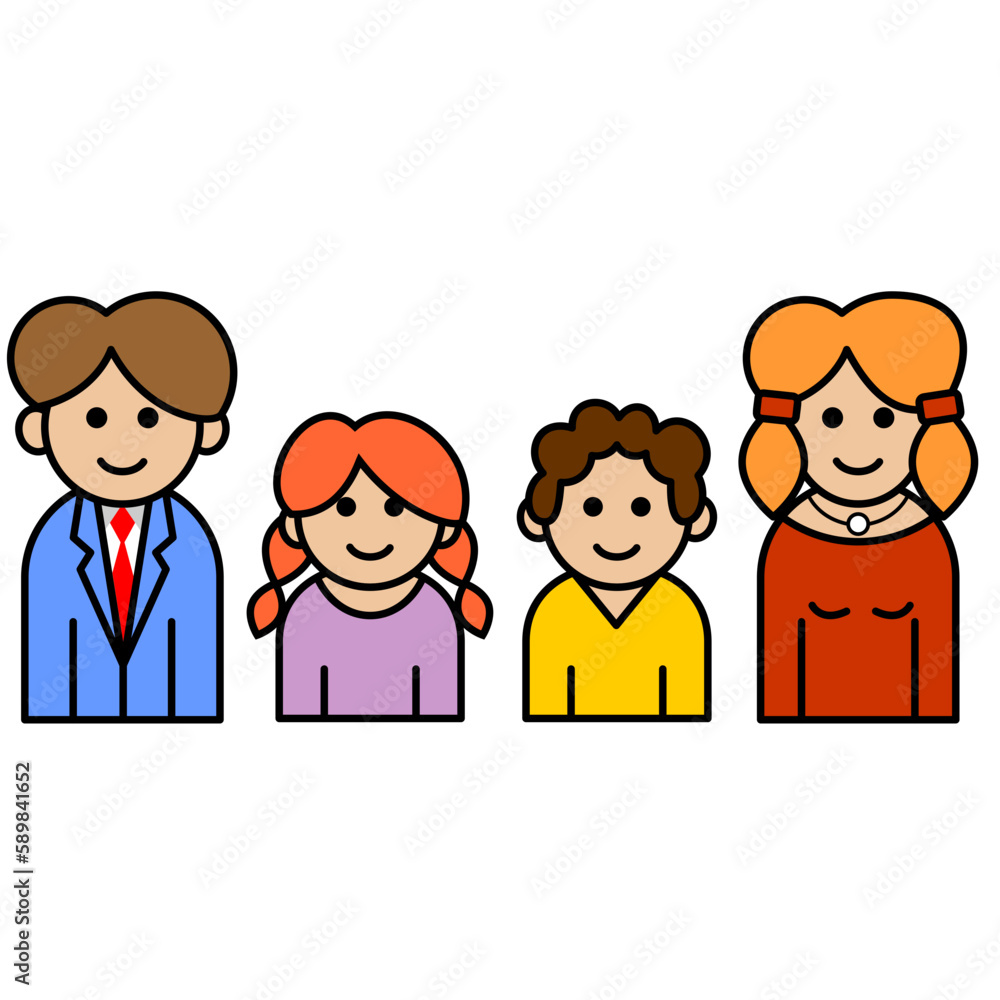 Family icon Boy, Girl, Mother and Father. Colorful line art cartoon style, editable vector icon file on transparent background. Family icon Boy, Girl, Mother and Father. Colorful line art cartoon style, editable vector icon file on transparent background.