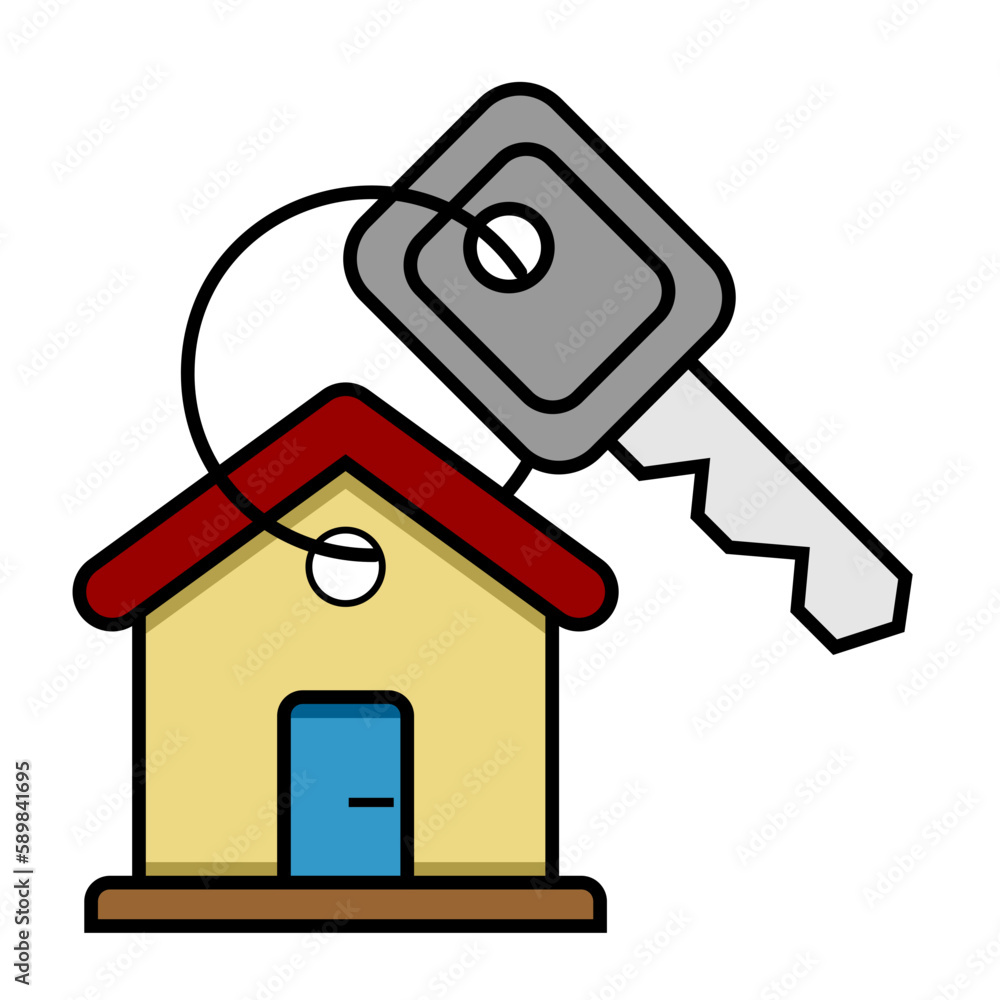 House and Key icon. Colorful line art cartoon style, editable vector file on transparent background.