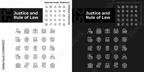 Justice and rule of law pixel perfect linear icons set for dark, light mode. Government system of regulation. Thin line symbols for night, day theme. Isolated illustrations. Editable stroke