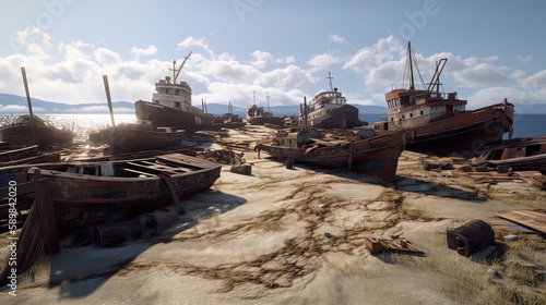 Rusty abandoned fishermen boats on shore, AI generative industrial landscape