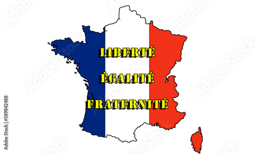 France in silhouette with the colors of the flag, the values of the revolution still alive today: freedom, equality and brotherhood, against all oppression. photo