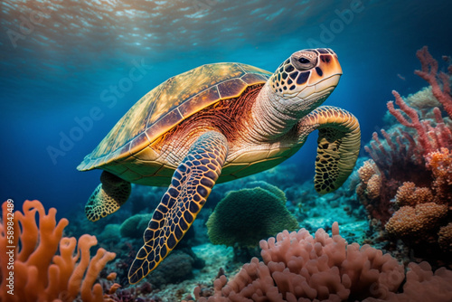 Turtle in Pacific Ocean. Generative AI