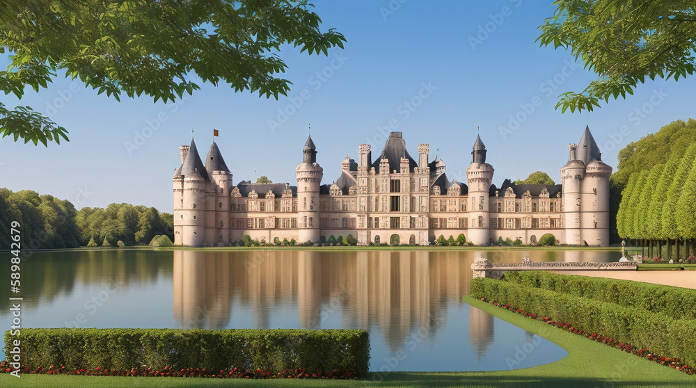  Illustration of a French Renaissance style Chateau by the lake on a spring day - AI Generated