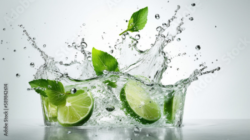 Water splash on white background with lime slices, mint leaves Generated AI