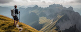 hiking alone while taking in the scenery atop a mountain. Alps in France . Generative AI