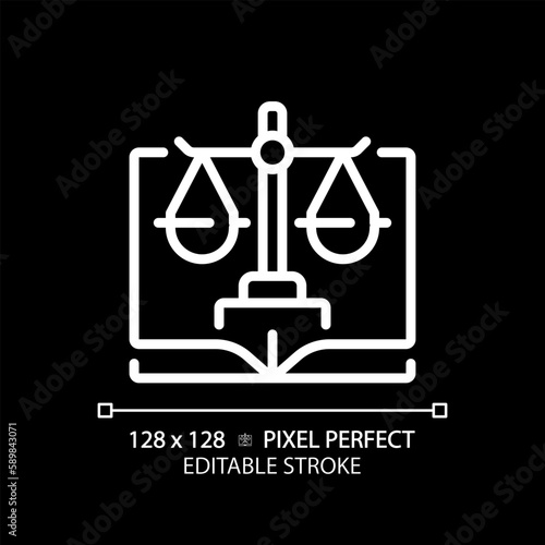 Constitutional law pixel perfect white linear icon for dark theme. Legal government regulation. Legislative system protection. Thin line illustration. Isolated symbol for night mode. Editable stroke