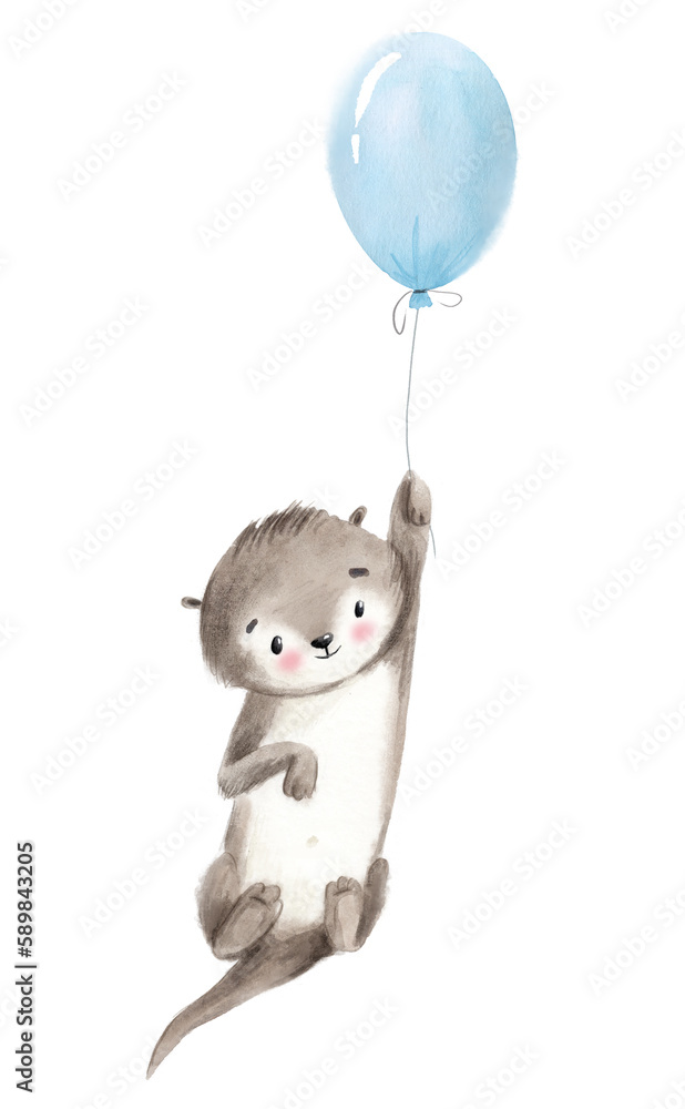 Cute otter with a balloon. Hand-painted watercolor illustration