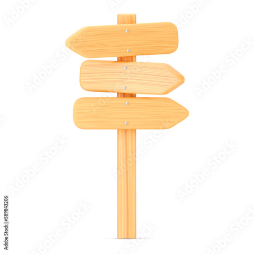 3d wooden arrow direction road sign isolated on white background. Render of wood arrow crossroad sign for right direction and street, one way concept. 3d cartoon simple vector illustration