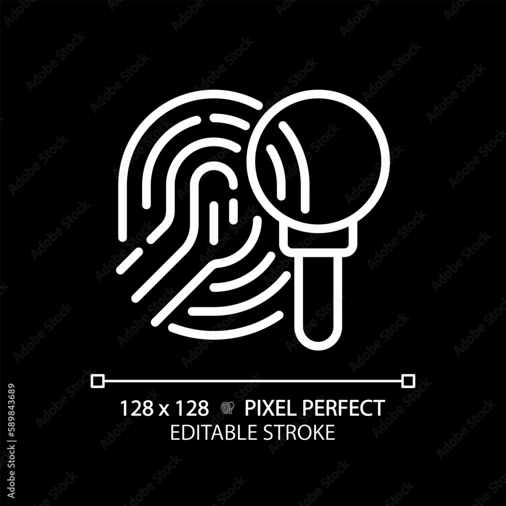Crime investigation pixel perfect white linear icon for dark theme. Studying fingerprint with magnifying glass. Find evidence. Thin line illustration. Isolated symbol for night mode. Editable stroke Crime investigation pixel perfect white linear icon for dark theme. Studying fingerprint with magnifying glass. Find evidence. Thin line illustration. Isolated symbol for night mode. Editable stroke
