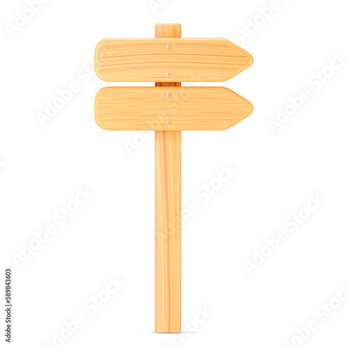 3d wooden arrow direction road sign isolated on white background. Render of wood arrow crossroad sign for right direction and street, one way concept. 3d cartoon simple vector illustration