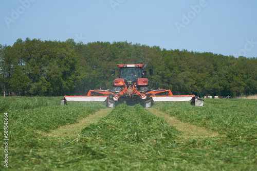 Rear view of red tractor with triple mowers mowing grass for silage