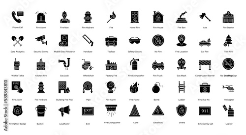 Fire Department Glyph Icons Firefighter Icon Set in Glyph Style 50 Vector Icons in Black