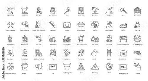 Fire Department Thin Line Icons Firefighter Icon Set in Outline Style 50 Vector Icons in Black