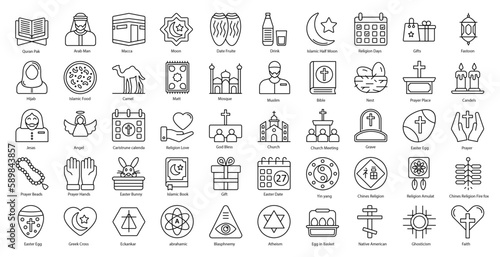 Religion Thin Line Icons Christian Religous Bible Icon Set in Outline Style 50 Vector Icons in Black