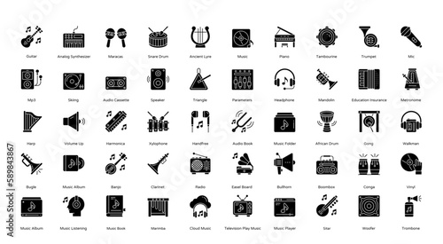 Instruments Glyph Icons Music Instrument Icon Set in Glyph Style 50 Vector Icons in Black