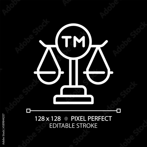 Intellectual property law pixel perfect white linear icon for dark theme. Protect author rights. Trade mark legal registration. Thin line illustration. Isolated symbol for night mode. Editable stroke