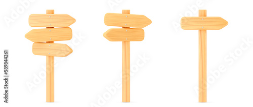 3d wooden arrow direction road signs set isolated on white background. Render of wood arrow crossroad sign for right direction and street, one way concept. 3d cartoon simple vector illustration