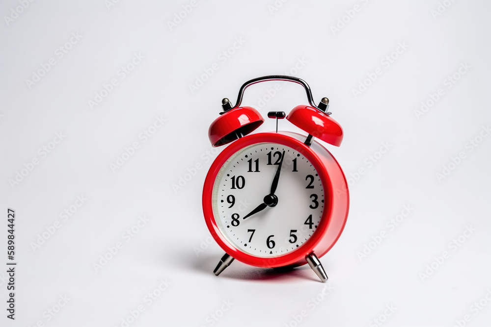 Red alarm clock on a white background with copy space. Created with Generative AI Technology Red alarm clock on a white background with copy space. Created with Generative AI Technology